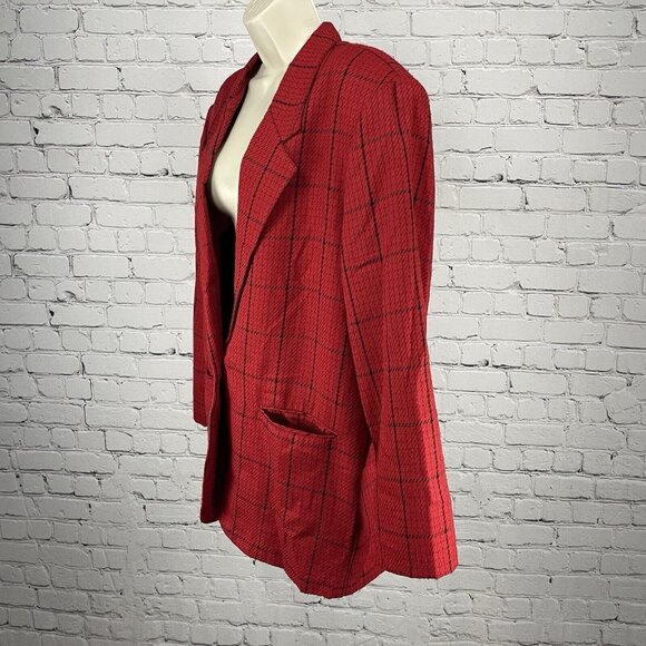 VTG Samantha USA Red Check One Button Lightweight Blazer Pockets Size 14 - Picture 5 of 10